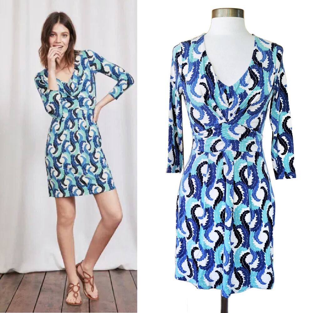 Boden Marion Blue Leaf Print Jersey Tunic Mini Size 4 V-neck 3/4 Sleeve - Picture 13 of 13